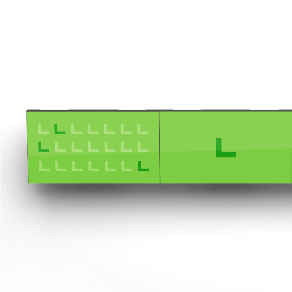 Four green Indoor digital menu boards in landscape orientation with Coates logos - Front view.