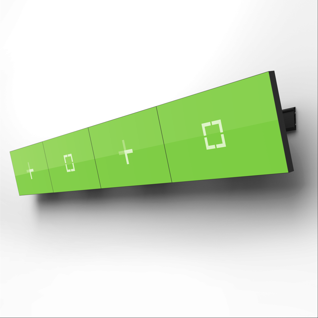 Four green Indoor digital menu boards in landscape orientation with Coates logos - Side view.