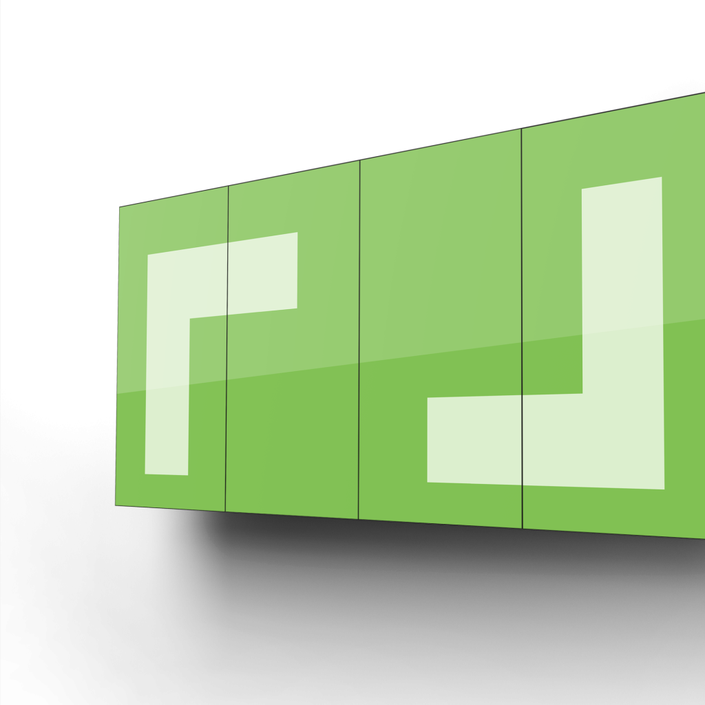 Four green Indoor digital menu boards in portrait orientation with Coates logos - Side view.