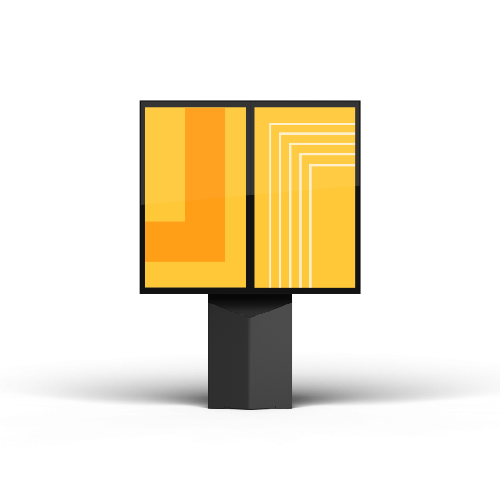 Two orange outdoor digital menu boards in portrait orientation with Coates logos - Front view.