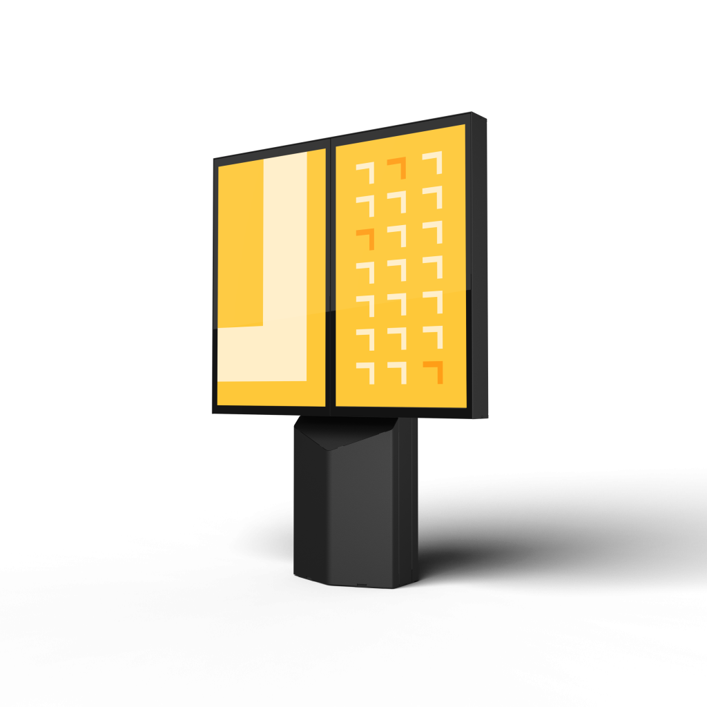 Two orange outdoor digital menu boards in portrait orientation with Coates logos - Side view.