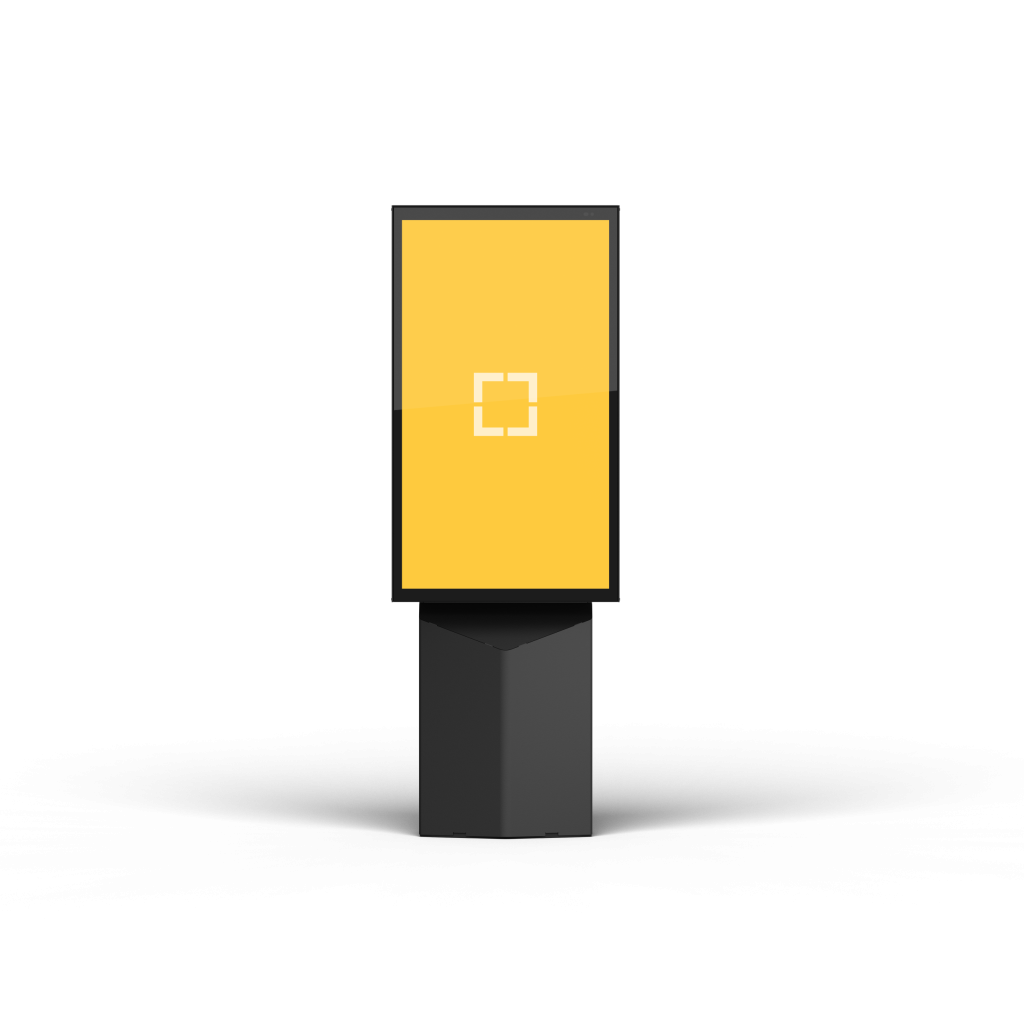 An orange outdoor digital menu boards in portrait orientation with Coates logos - Front view.