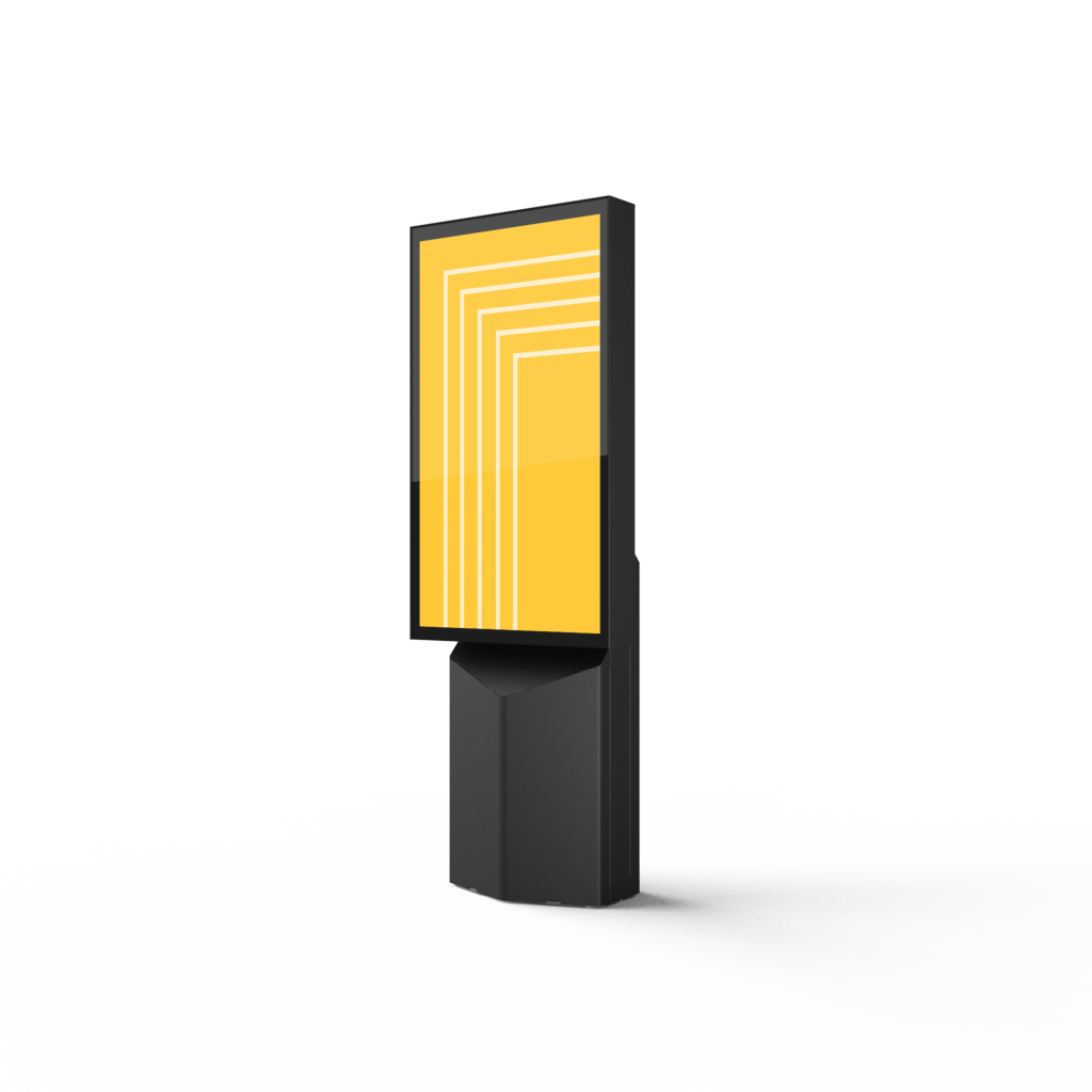 An orange outdoor digital menu boards in portrait orientation with Coates logos - Side view.