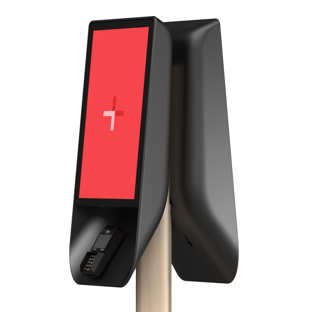 In restaurant self-service kiosk close up with Coates logo - Side view in red.