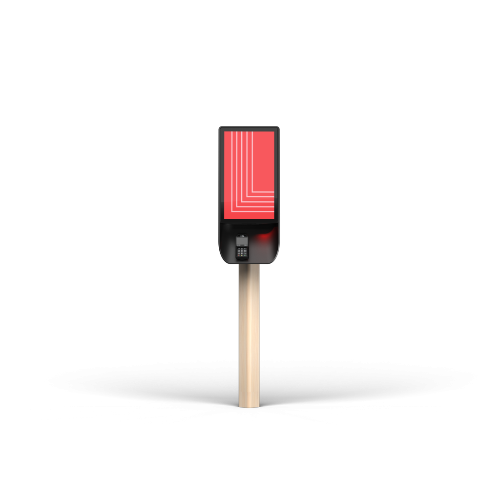 Single in-restaurant self-service kiosk front view with Coates logo on red screen.